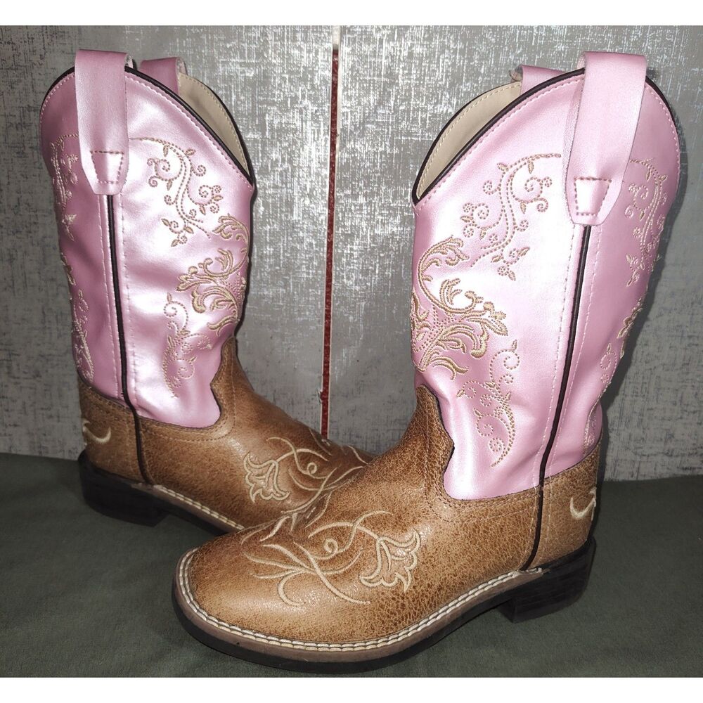 Old West Girls Western Pink Brown Boots Sz 13.5D